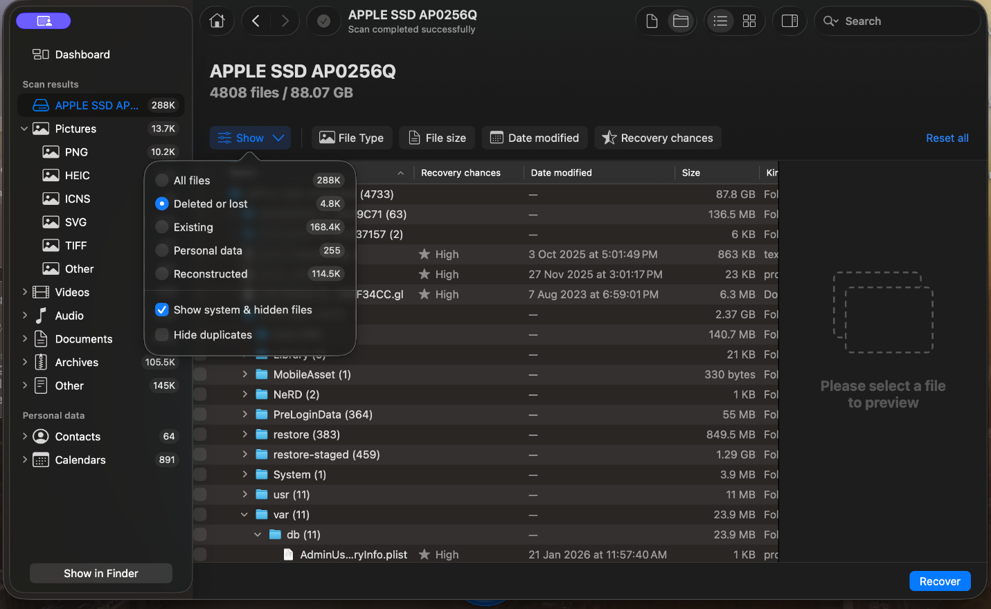 Deleted or lost file list window